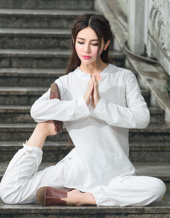 2018新款棉麻瑜伽服瑜珈套装女夏季居士打坐禅修服长袖太极 白色 m