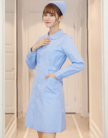 护士服中长款女秋冬长袖白大褂夏款短袖修身医院医护工作服娃娃领蓝色