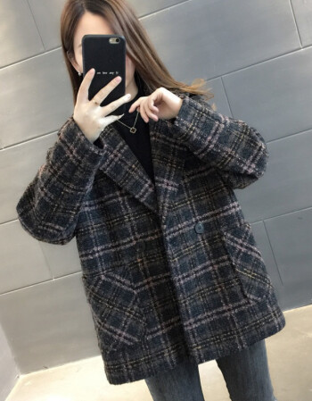 加棉加棉毛呢大衣女小个子2021秋冬新款格子西装外套毛呢外套黑粉色加