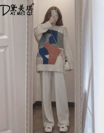 黛美琪休闲裤套装女2022春秋新款韩版宽松时尚百搭毛衣直筒阔腿裤网红