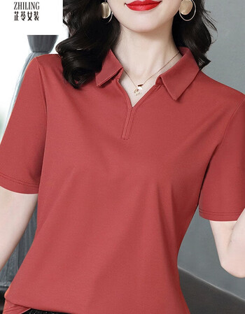 100棉短袖t恤上衣女宽松2021显瘦polo领百搭打底衫女装砖红色0292xl