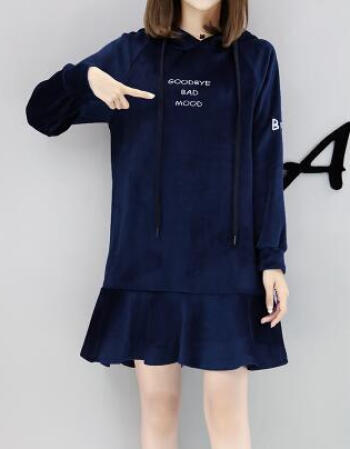 中长款套头卫衣女韩版时尚小香风直筒裙显瘦百褶鱼尾裙sn7607 深蓝色