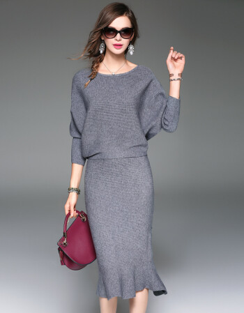 zongku2017秋季新款女装欧美气质宽松长袖针织连衣裙两件套 灰色 均码