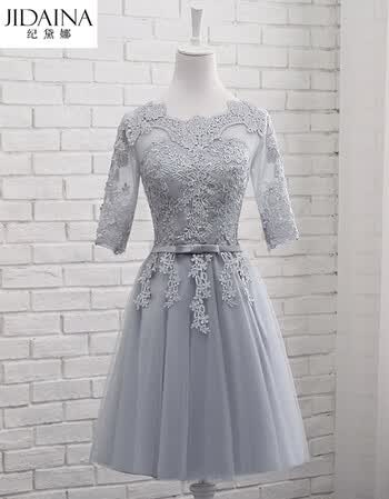 服2017新款蕾丝伴娘礼服一字肩中袖宴会姐妹连衣裙女 短款灰色绑带款