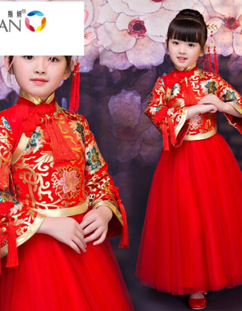斯妍儿童旗袍秋中国风唐装宝宝小女孩大童公主裙中式女童婚纱红色长袖