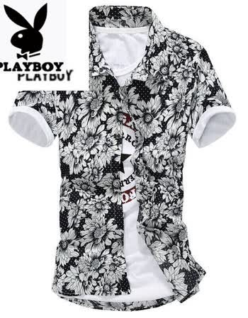 短袖男土修身花纹韩式男青年沙滩个性花衬衫韩范薄款花衫理发师潮碎花