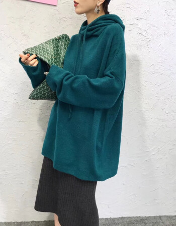新款207秋冬 韩版羊绒连帽中长款系带毛衣百搭套头帽衫女装 孔雀绿