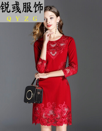 锐彧服饰*2018春款连衣裙红色刺绣中年人大码裙子欧美女装 酒红色 xl