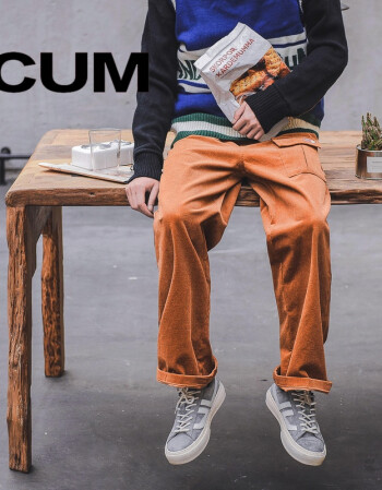 cum 潮牌秋装新款复古纯色百搭休闲男士纯色宽松阔腿裤子卷裤腿长裤男