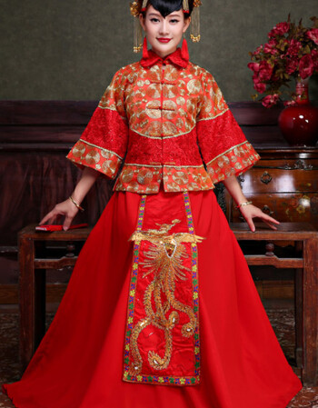 中式婚服秀禾服 古装婚礼服新娘结婚嫁衣龙凤褂 新款敬酒服红 红色 xl
