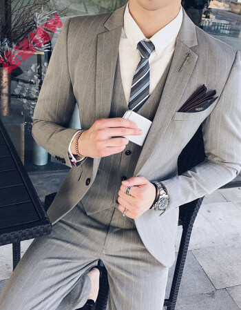 西服套装男士三件套正装条纹小西装修身韩版帅气伴郎新郎结婚礼服 浅