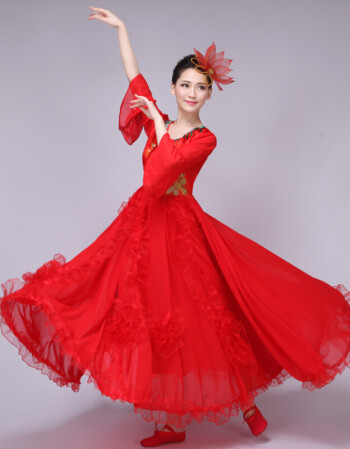 开场舞大摆裙2018新款大气舞台装连衣裙现代舞蹈服装演出服女 红色 m