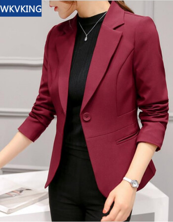 韩版职业装ol修身长袖女子小西装一粒扣时尚显瘦西服外套潮 酒红色 l