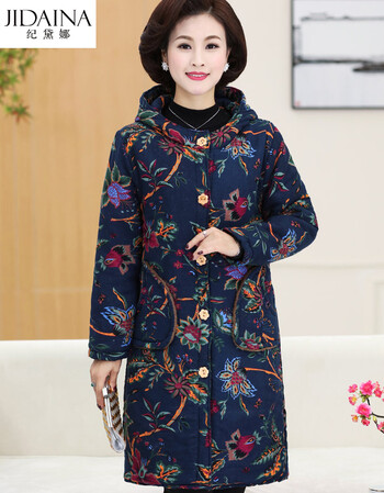 jidaina 中老年冬装女装中长款棉衣新款加绒加厚中年妈妈装大码保暖花