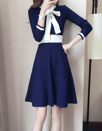 秋冬款女装长袖针织连衣裙女气质蝴蝶结修身a字打底裙子sn0123 藏蓝色