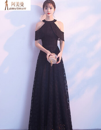 2018美女礼服性感连衣裙蕾丝年会主持人性感挂脖露肩晚礼服裙拖地长裙