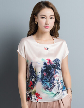 夏季大码女装真丝短袖圆领衫 桑蚕丝水墨印花大码宽松t恤 图片色 3xl