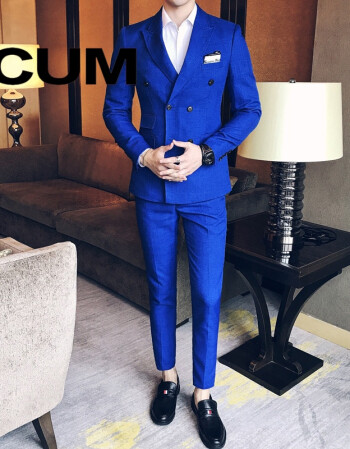 商务西服套装男士修身卡其宝蓝双排扣免烫西装三件套主持礼服 蓝色
