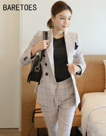 女装 小西装 baretoes 2018春秋韩版气质时尚格子西装套装英伦风西服