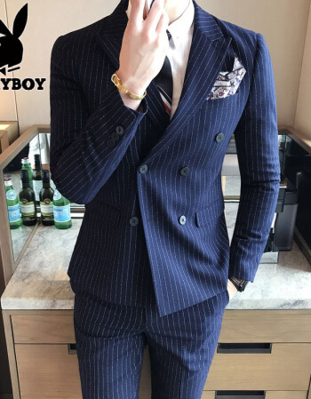 套装男士韩版修身条纹西装三件套新郎结婚礼服职业装 藏蓝色(双排扣)