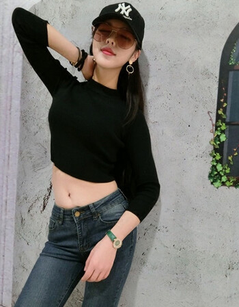 韩版纯色百搭套头毛衣女修身半高领打底衫短款紧身高腰露脐针织衫