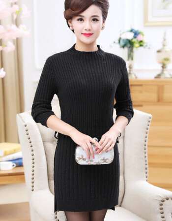 妈妈装秋冬装加厚中长款毛衣打底衫中年女时尚长袖韩版宽松连衣sn7872