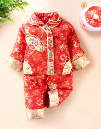 婴儿童新年过年衣服幼儿一周岁百岁红色喜庆满月服新 3件套(衣裤帽 6