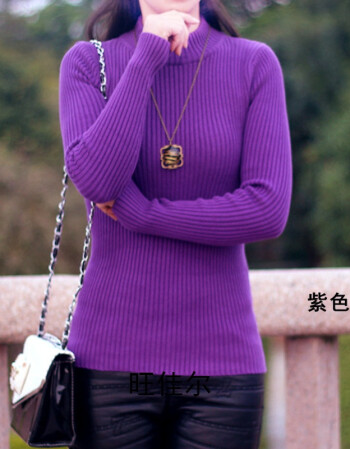 2017秋冬棉线衣女装半高领长袖螺纹打底衫纯棉针织衫厚毛衣 紫色 s
