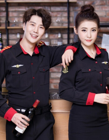服务员长袖工作服男女美发师理发店发型师空少酒吧ktv衬衫酒店 男红色