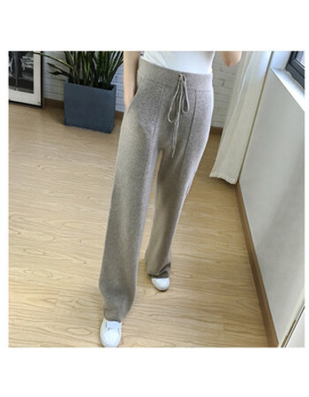高端高腰羊绒阔腿裤女休闲长裤宽松显瘦纯色针织羊毛裤子潮 浅灰前面