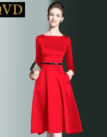 qvd2017秋冬新款赫本连衣裙女修身显瘦a字中长裙气质年会礼服小红裙