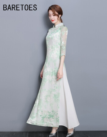 春装2018新款女装雪纺过膝超仙长裙气质女神范衣服复古旗袍连衣裙