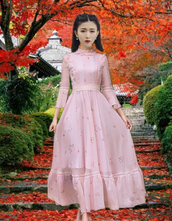 筱姿染指年华2017夏季新款女装复古文艺长裙喇叭袖大摆连衣裙 粉色
