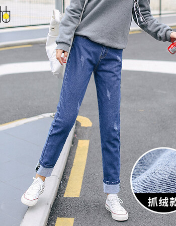 牛仔裤女冬季2017新款韩版宽松高腰学生九分直筒裤bf显瘦长裤 深蓝色