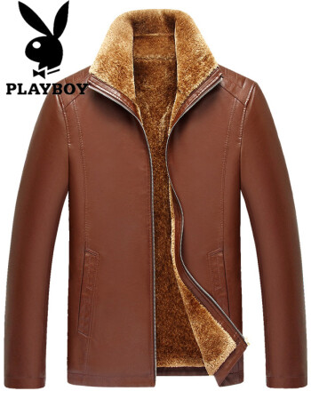 花花公子(playboy)男士冬衣外套加绒加厚夹克皮衣服中年爸爸装保暖