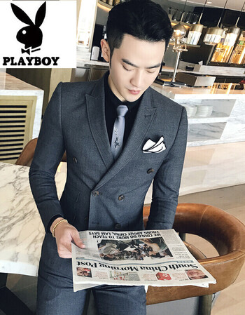 双排扣结婚西装男三件套装新郎修身伴郎礼服韩版帅气英伦风西服 灰色