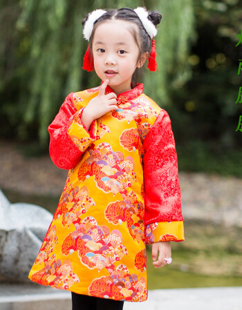 女童旗袍汉服唐装冬装夹棉 演出服小女孩宝宝复古连衣裙 烟雨朦胧 110