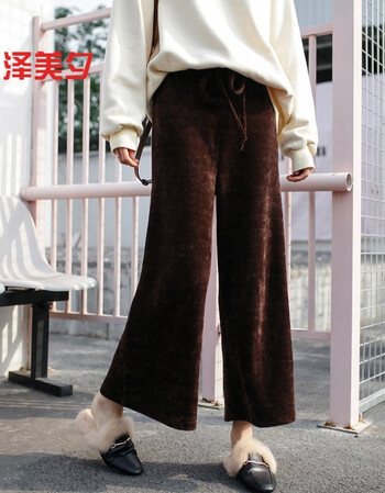 泽美夕复合雪尼尔高腰宽松加厚针织阔腿裤女冬季直筒休闲裤长裤潮