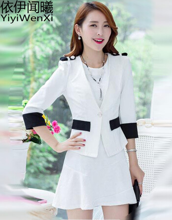 依伊闻曦 夏秋季新款名媛女装 职业套装 欧美风工装小西服+背心裙两件套裙正装撞色连衣裙子 白色短外套裙 S