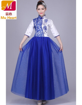 青花瓷大合唱演出服装中国风民乐古筝二胡朗诵表演服男女长裙 宝蓝色
