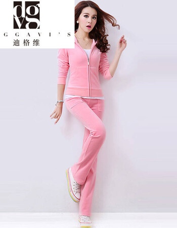 女装天鹅绒运动服女秋冬新款版套装女休闲开衫卫衣两件套9901 粉红色
