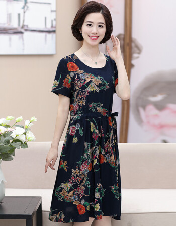 妈妈长裙夏过膝女中年夏装2017新款潮绵绸连衣裙大码气质显瘦裙子 青