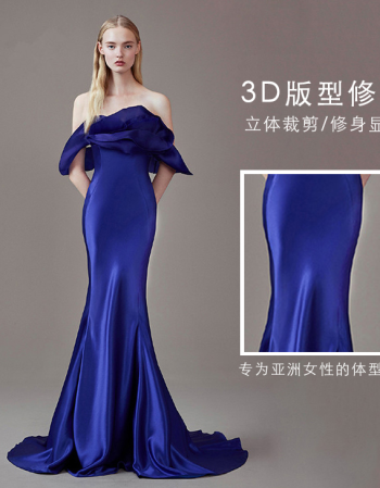 晚礼服长款2018新款优雅一字肩主持人礼服鱼尾包臀显瘦拖尾女 宝蓝色