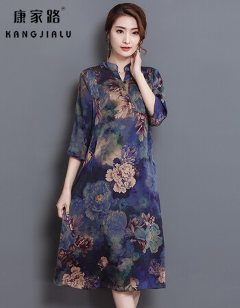 康家路2018中老年处理夏装新品大妈真丝连衣裙女香云纱中长款v领妈妈