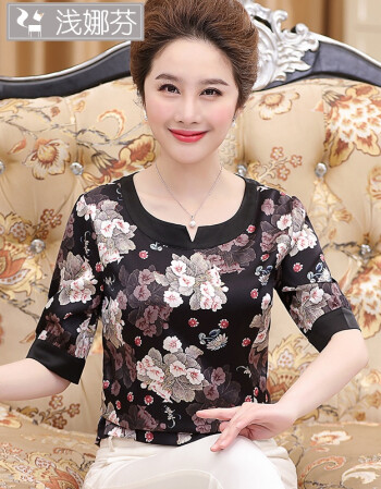 中老年女装夏装上衣薄款真丝短袖花t恤妈妈装40-50岁中年女士半袖