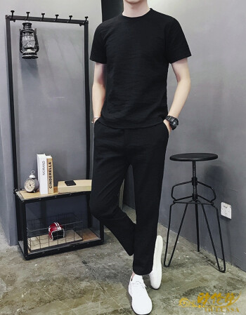 裤短袖长裤套装一套帅气衣服哈伦裤潮流裤子2018新品 黑色(上衣 裤子)