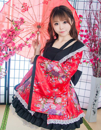 宅舞和风花魁cosplay服装 演出服 改良和服 女仆装 红衣服大全套 xxxl