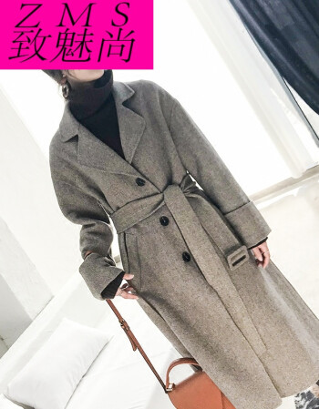 纹手工双面羊绒大衣女2017秋冬季新款灰色宽松中长款毛呢外套 灰咖色