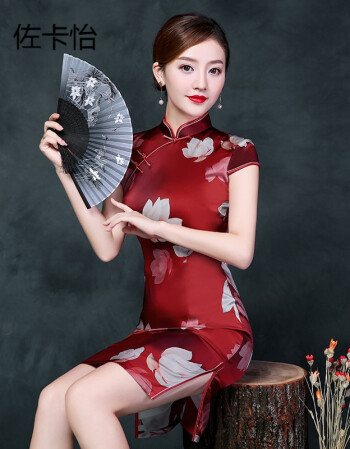 2017新款连衣裙复古印花真丝旗袍 时尚复古改良优雅短