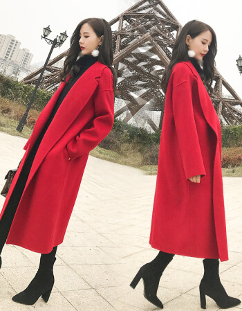 毛呢外套女2017冬装新款韩国中长款过膝宽松显瘦加厚红色呢子大衣
